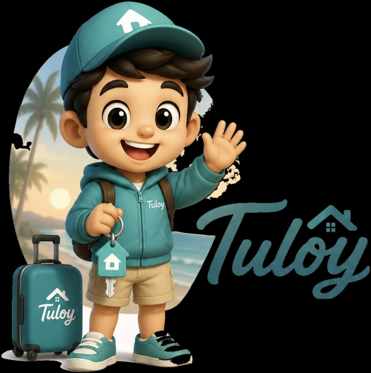 The Tuloy mascot — a young traveler with a house keychain and his luggage waving beside the Tuloy wordmark on a San Juan beach